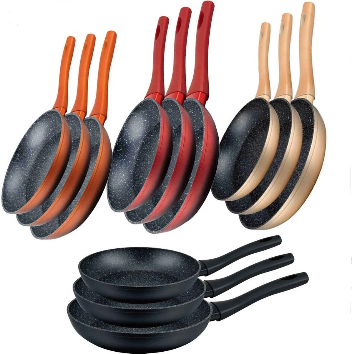 Koekenpannenset 3-delig (zwart) Marmeren Coating 2 Koekenpannenset 3-delig (zwart) Marmeren Coating - Afbeelding 2