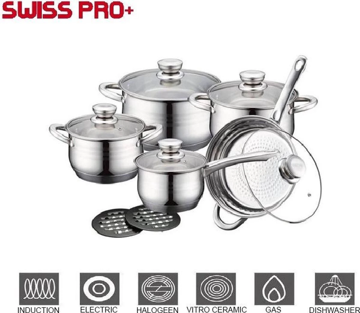 Swiss Pro + Pannenset - 12 Delig - RVS - 1230 - Roestvrijstalen Kookgerei 18/10- 1 Swiss Pro + Pannenset - 12 Delig - RVS - 1230 - Roestvrijstalen Kookgerei 18/10-