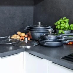 Herenthal Pannenset Inductie - Luxe 10-Delige Pannenset - Kookpotten Voor Alle Warmtebronnen - Kookpan - Pan Inductie Met Glazen Deksels En Koudgrepen - Grijs -Pot Benodigdheden Winkel 1200x1200 113