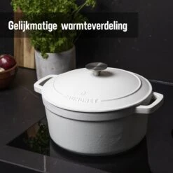 Daumonet Carême Blanc Gietijzeren Braadpan - Sudderpan Wit - Rond - Ø 26 Cm - 4,4 Liter - 100% PFAS & PFOA Vrij - Emaille - Geschikt Voor Alle Warmtebronnen - Elektrisch - Gas - Halogeen - Inductie - Keramisch - Vaatwasserbestendig -Pot Benodigdheden Winkel 1200x1200 720
