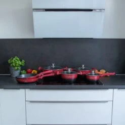 Herenthal Pannenset Inductie - Luxe 10-delige Koekenpan Inductie - Voor Alle Warmtebronnen - Pannen Met Glazen Deksels En Koudgrepen - Rood / Zwart- 6 Pannen -Pot Benodigdheden Winkel 1200x1200 80