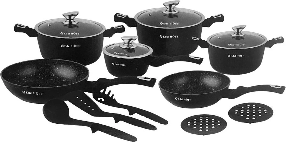 Pannenset - Kookpan - Inductie - 15 Delig Marmeren Coating - Zwart 1 Pannenset - Kookpan - Inductie - 15 Delig Marmeren Coating - Zwart