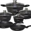 Cheffinger Pannenset - 10 Delig - Marmeren Coating - Inductie - Met Glazen Deksels - Zwart